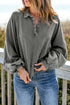 Lantern Sleeve Snap Button Placket Washed Pullover Casual Round Neck Sweatshirt